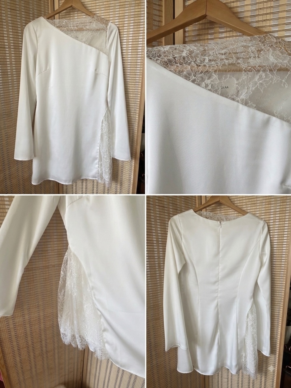 White Satin Asymmetrical Lace Mini Dress Bell Sleeves.